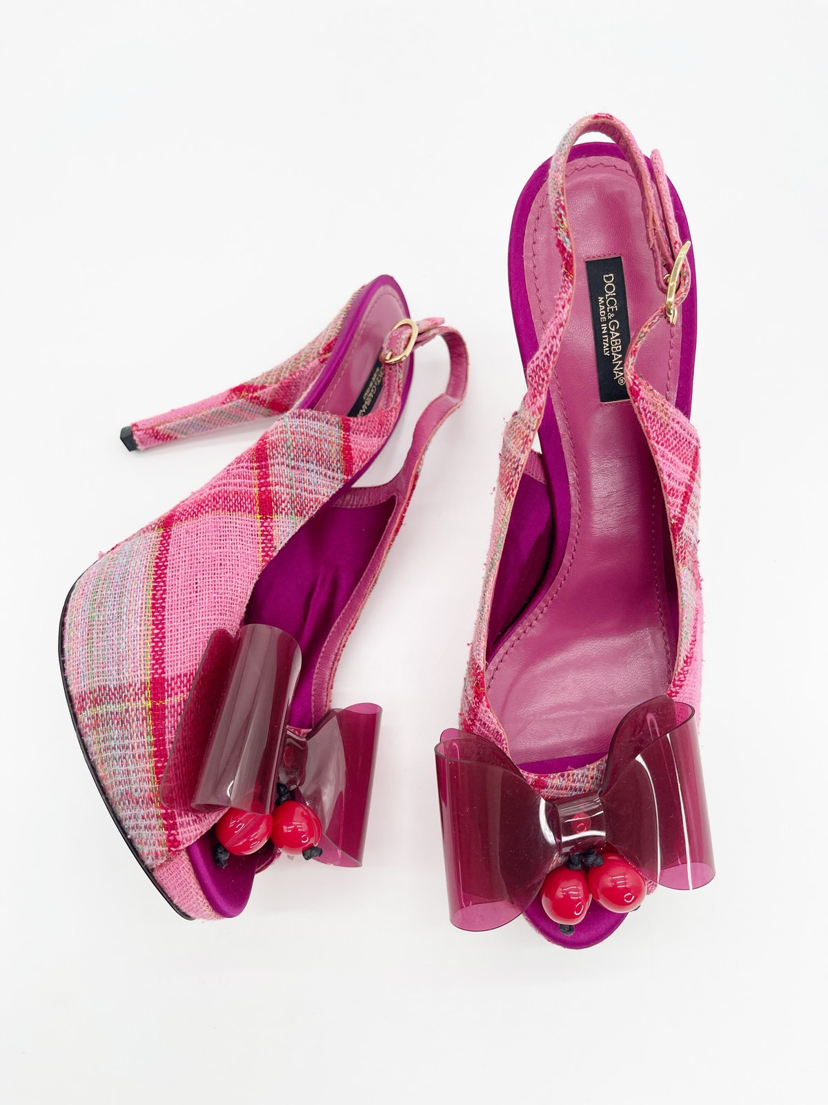 Dolce & Gabbana Vintage Pink Plaid Tweed Cherry Plexi Bow Slingback Heels It 41